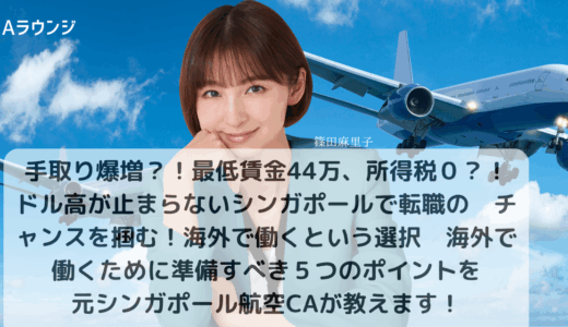 手取り爆増？！最低賃金44万、所得税０？！ドル高が止まらないシンガポールで転職のチャンスを掴む！海外で働くという選択　海外で働くために準備すべき５つのポイントを元シンガポール航空CAが教えます！